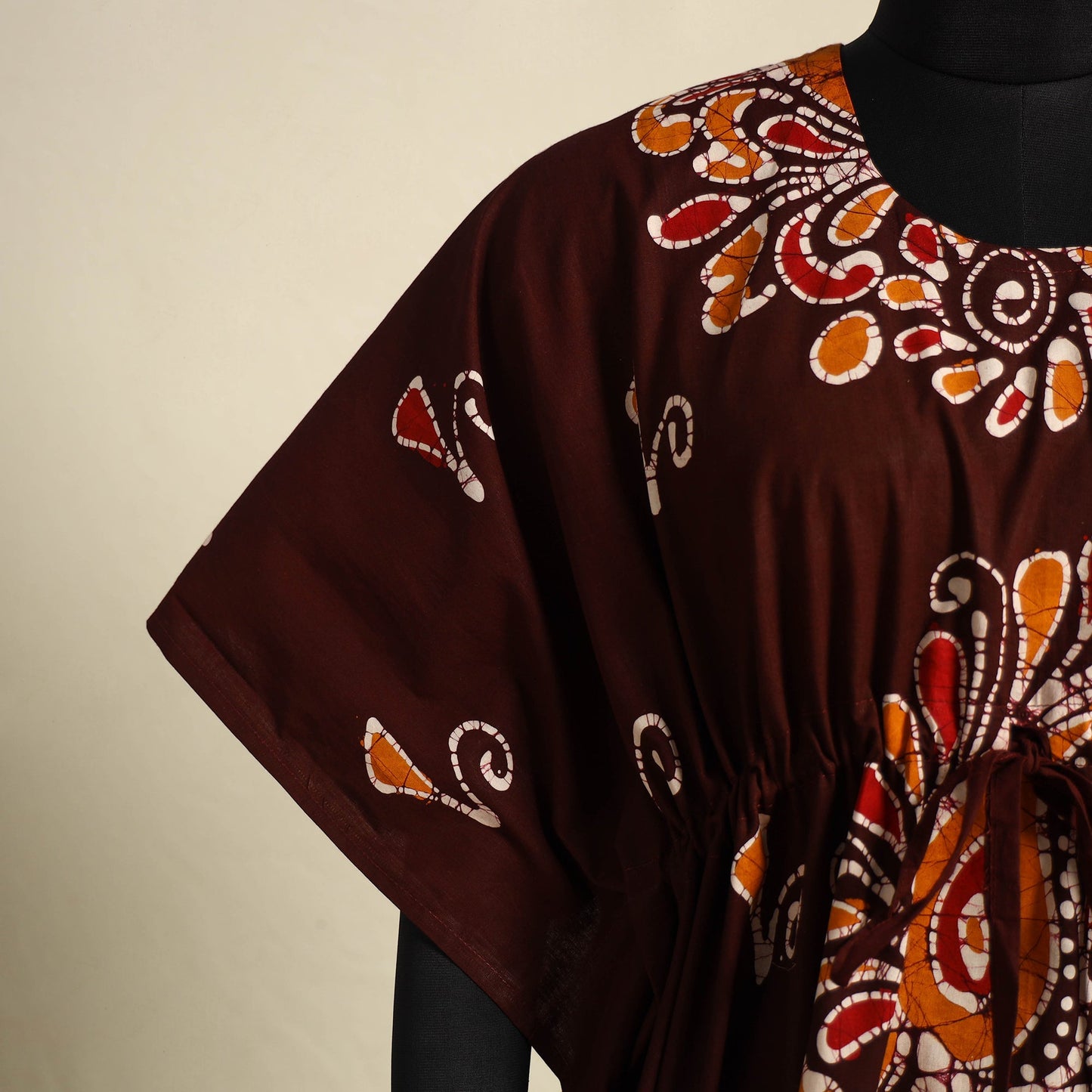 Brown - cotton hand batik kaftan with tie-up waist (long)