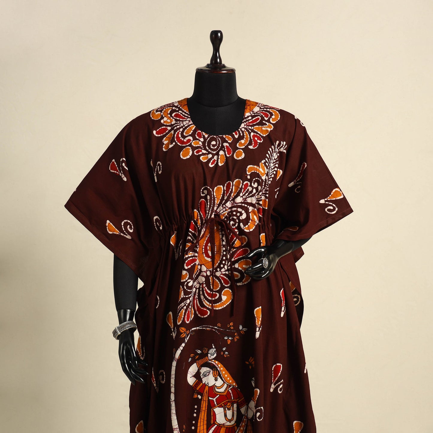 Brown - cotton hand batik kaftan with tie-up waist (long)