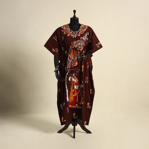 Brown - cotton hand batik kaftan with tie-up waist (long)
