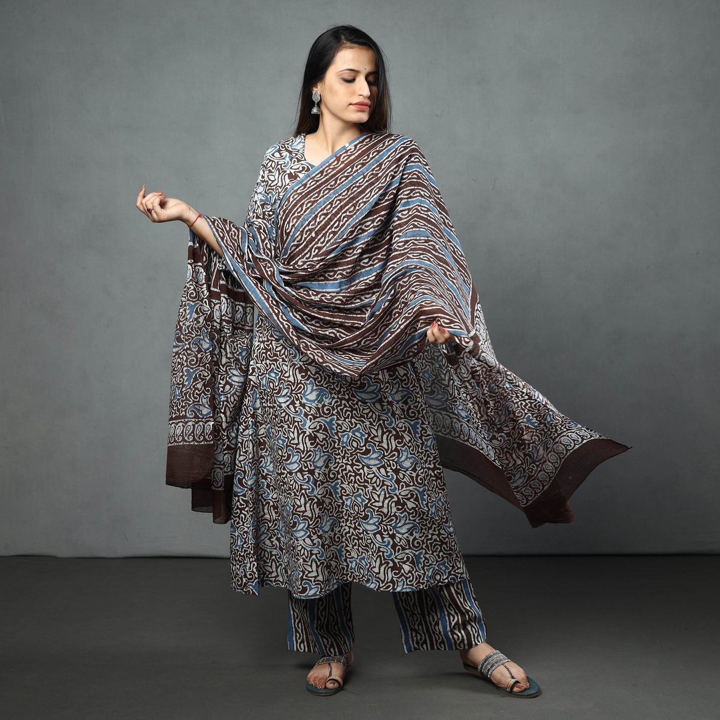 Buy Brown Cotton Hand Batik Print Kurta Set