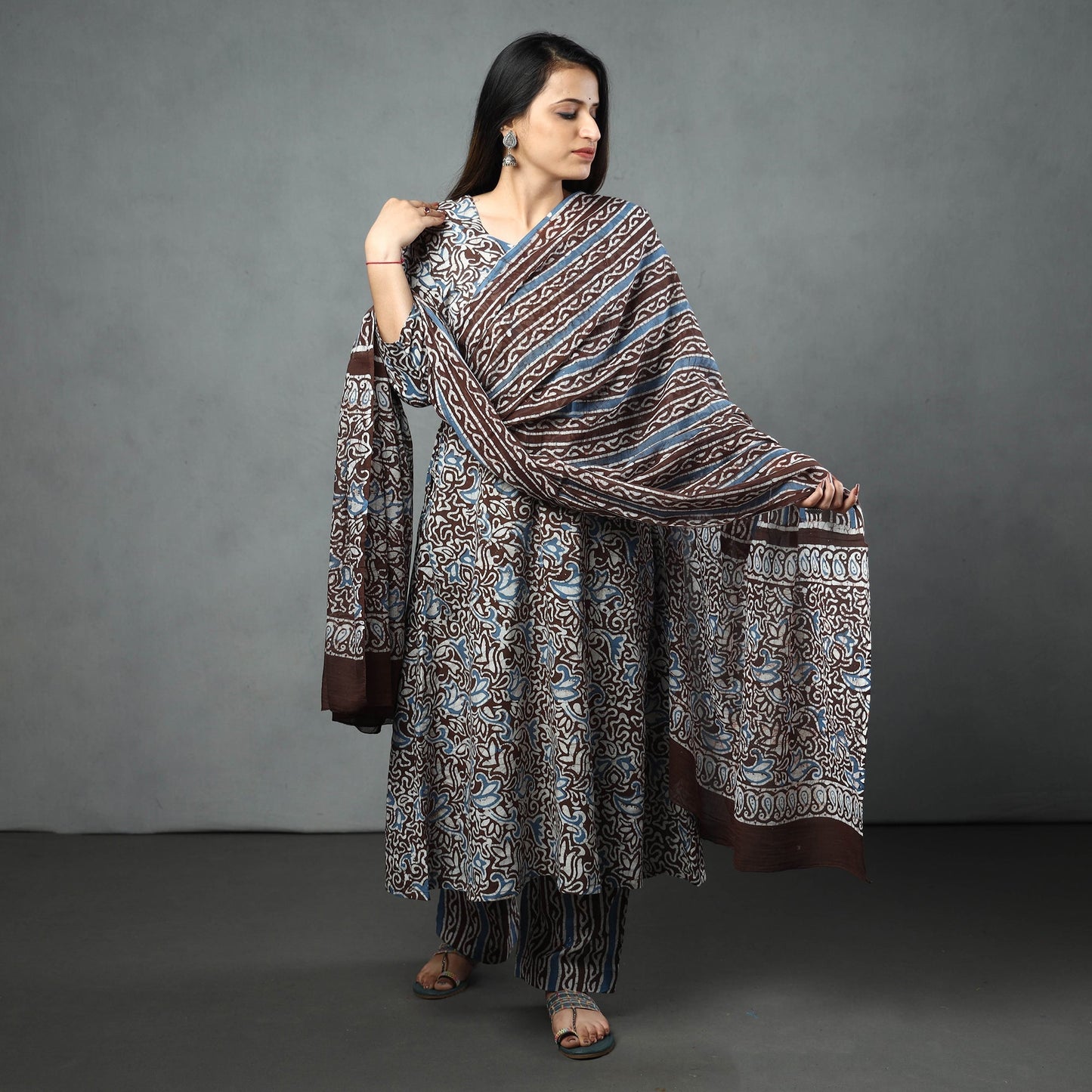 Buy Brown Cotton Hand Batik Print Kurta Set