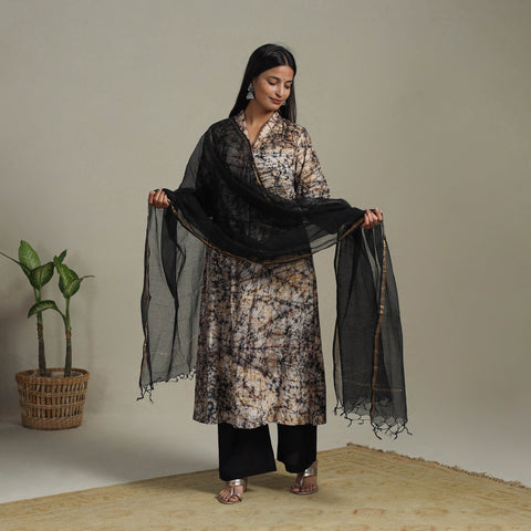 Brown Cotton Hand Batik Print Kurta Set (Set of 3)