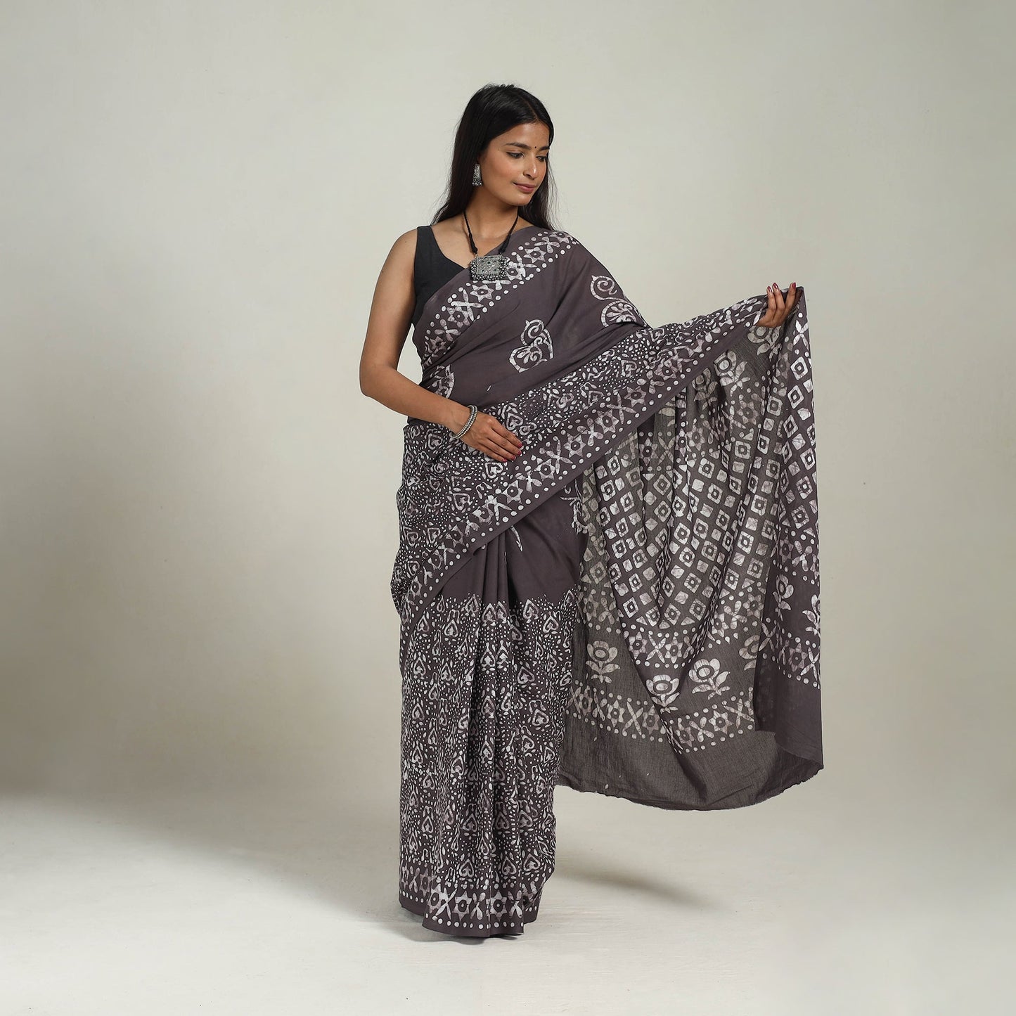  Cotton Brown Hand Batik Print Saree 