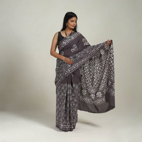  Cotton Brown Hand Batik Print Saree 