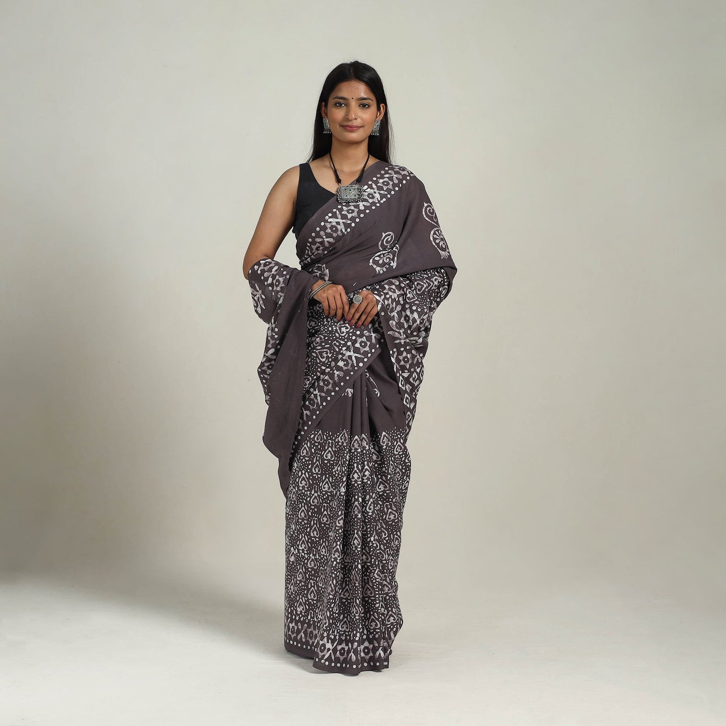  Cotton Brown Hand Batik Print Saree 