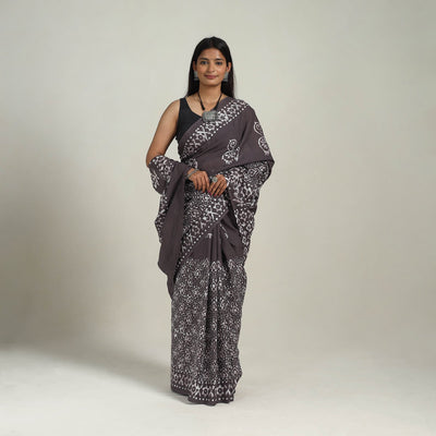  Cotton Brown Hand Batik Print Saree 
