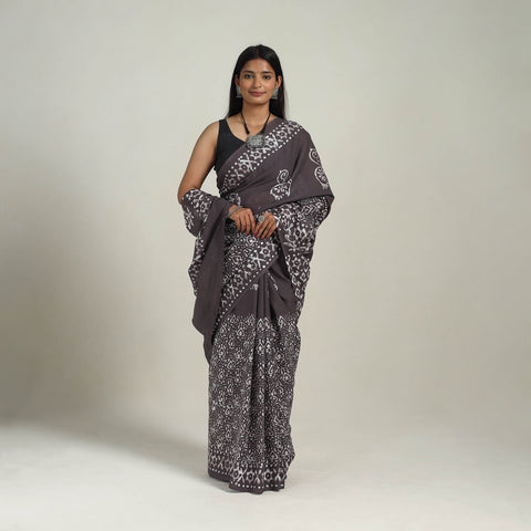  Cotton Brown Hand Batik Print Saree 
