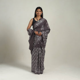  Cotton Brown Hand Batik Print Saree 