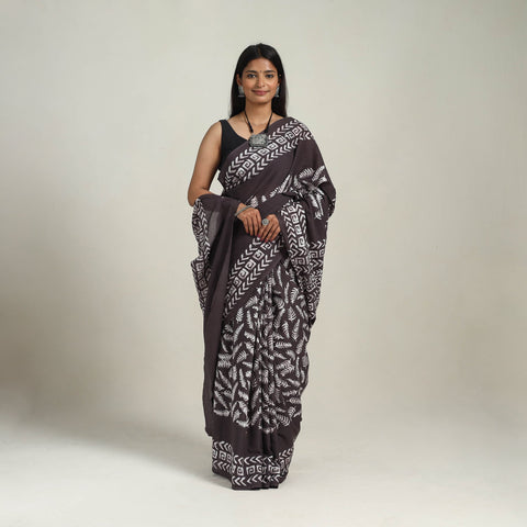  Cotton Brown Hand Batik Print Saree 