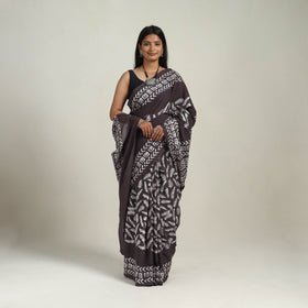  Cotton Brown Hand Batik Print Saree 