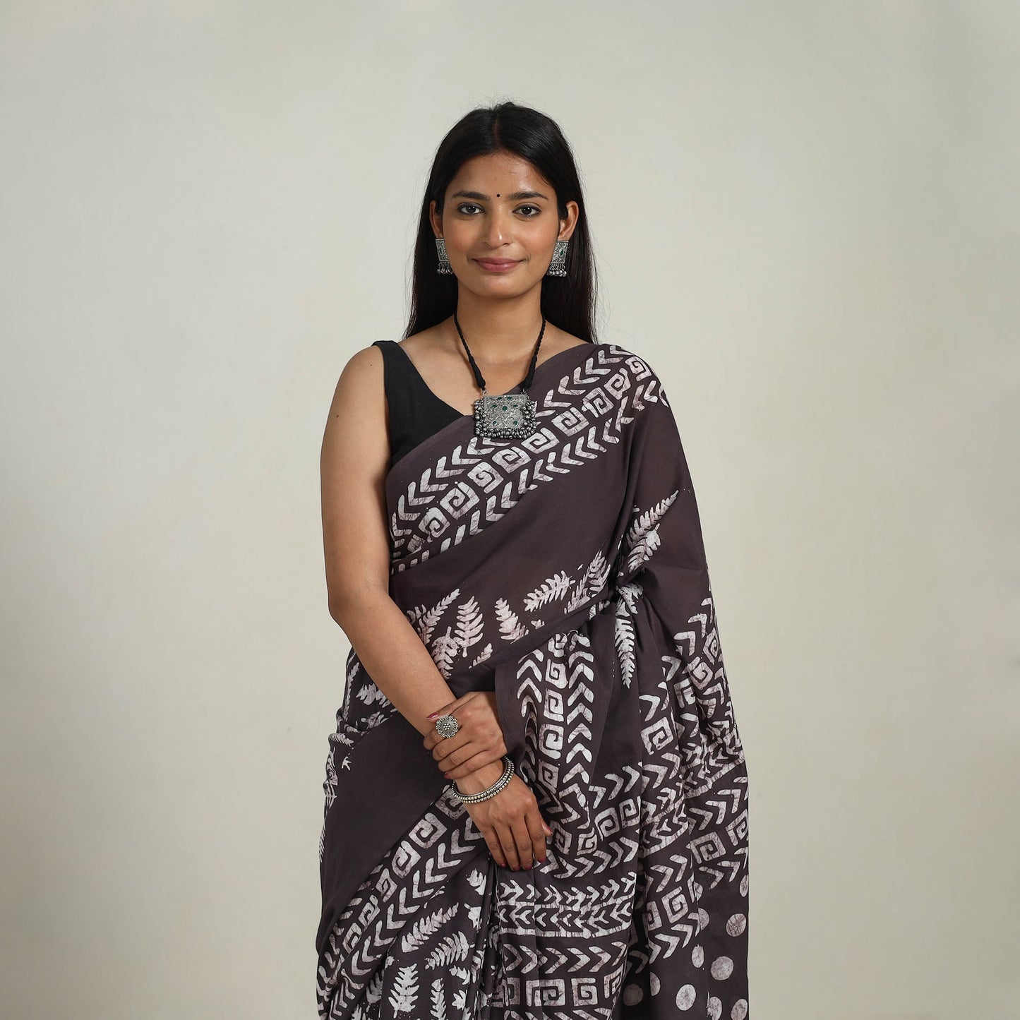  Cotton Brown Hand Batik Print Saree 