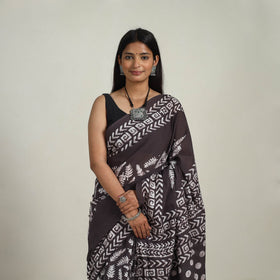  Cotton Brown Hand Batik Print Saree 