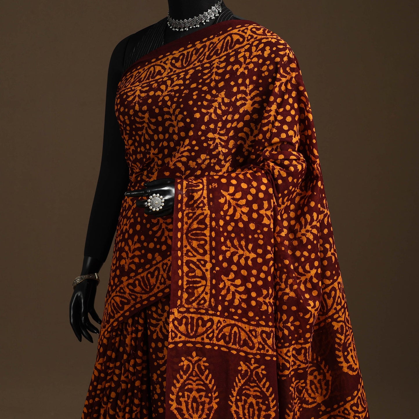 Brown - cotton hand batik saree 22 - handcrafted