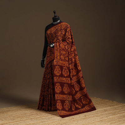 Brown - cotton hand batik saree 22 - handcrafted