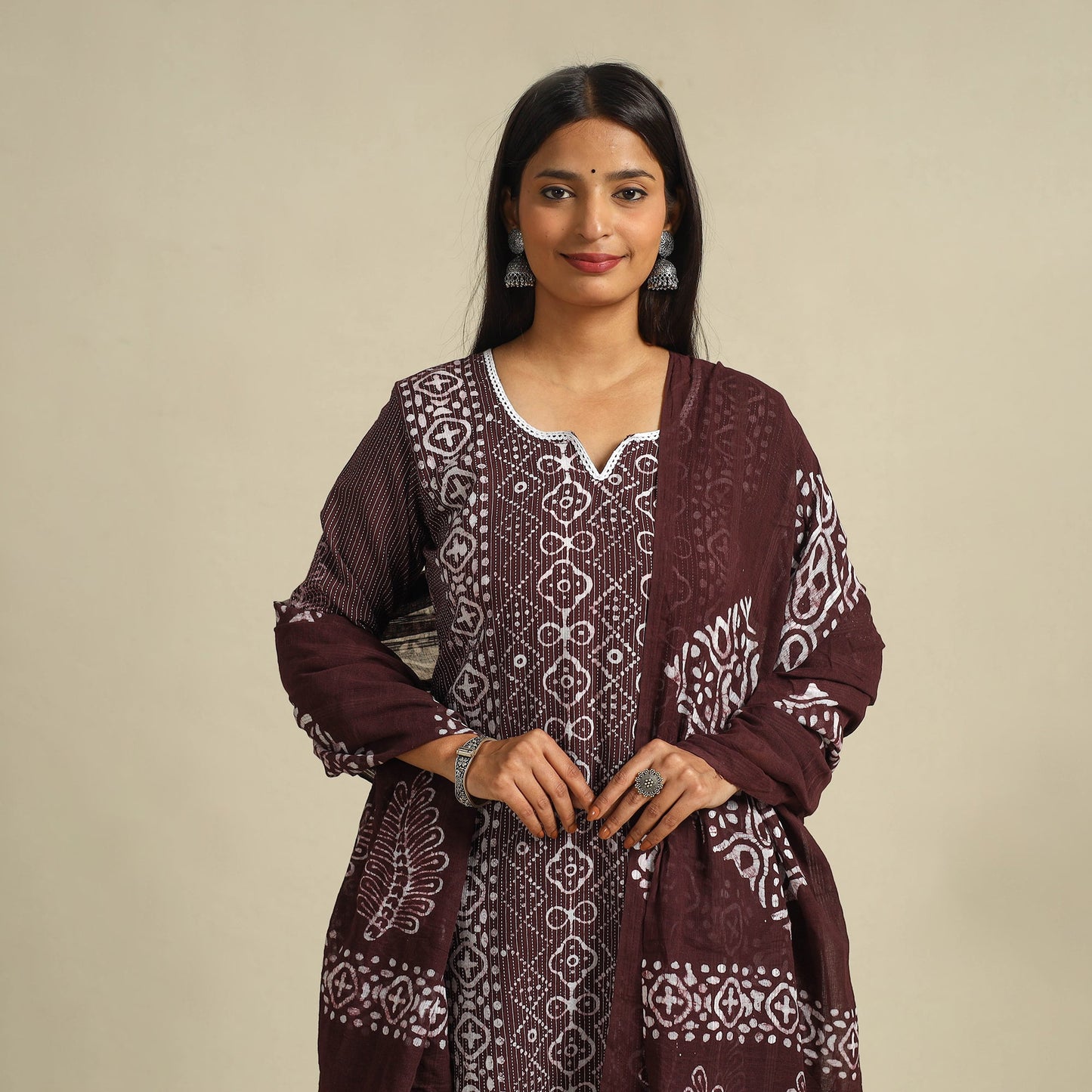  Brown Cotton Hand Batik Print Suit Set