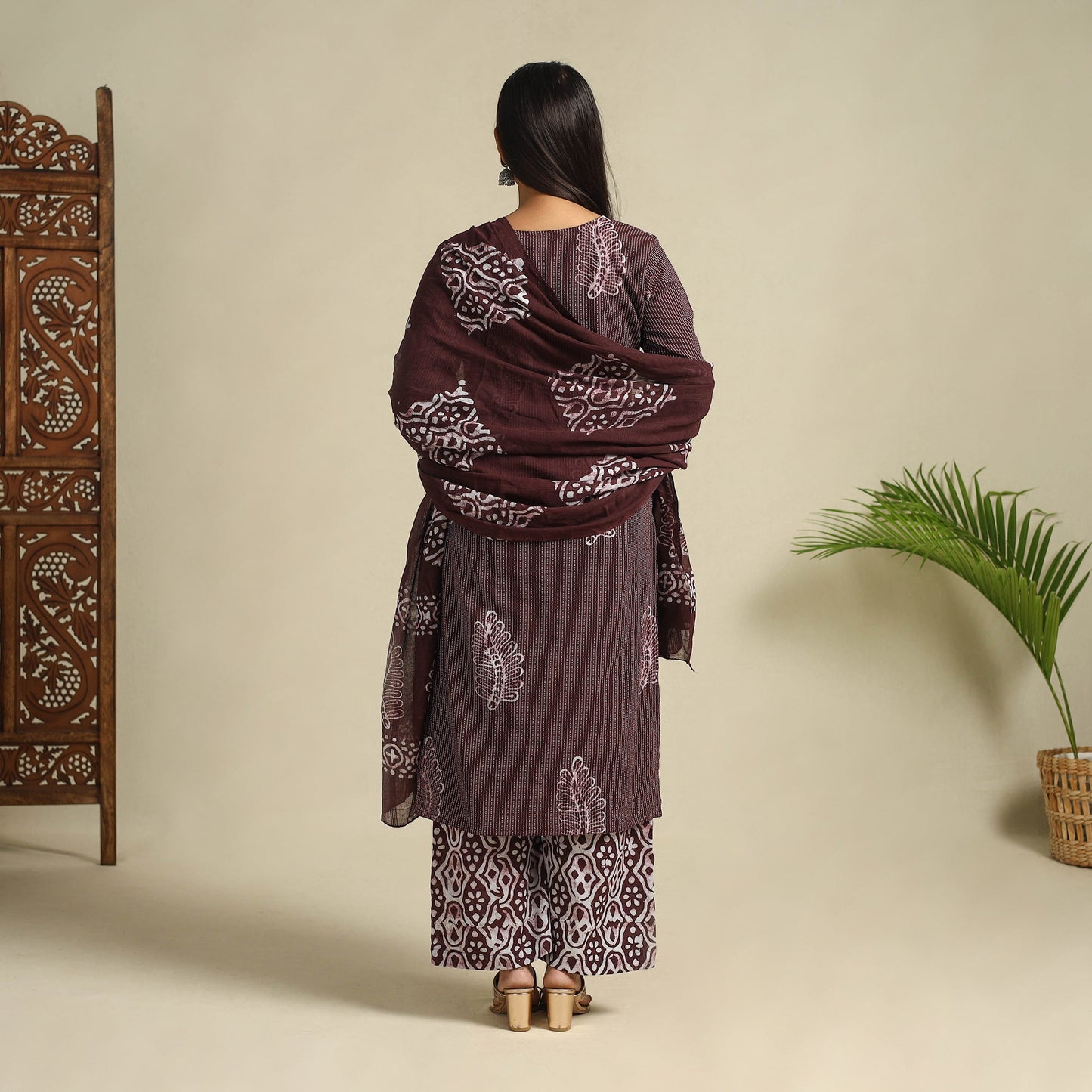  Brown Cotton Hand Batik Print Suit Set