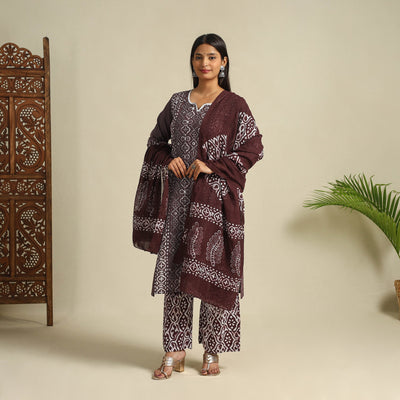  Brown Cotton Hand Batik Print Suit Set