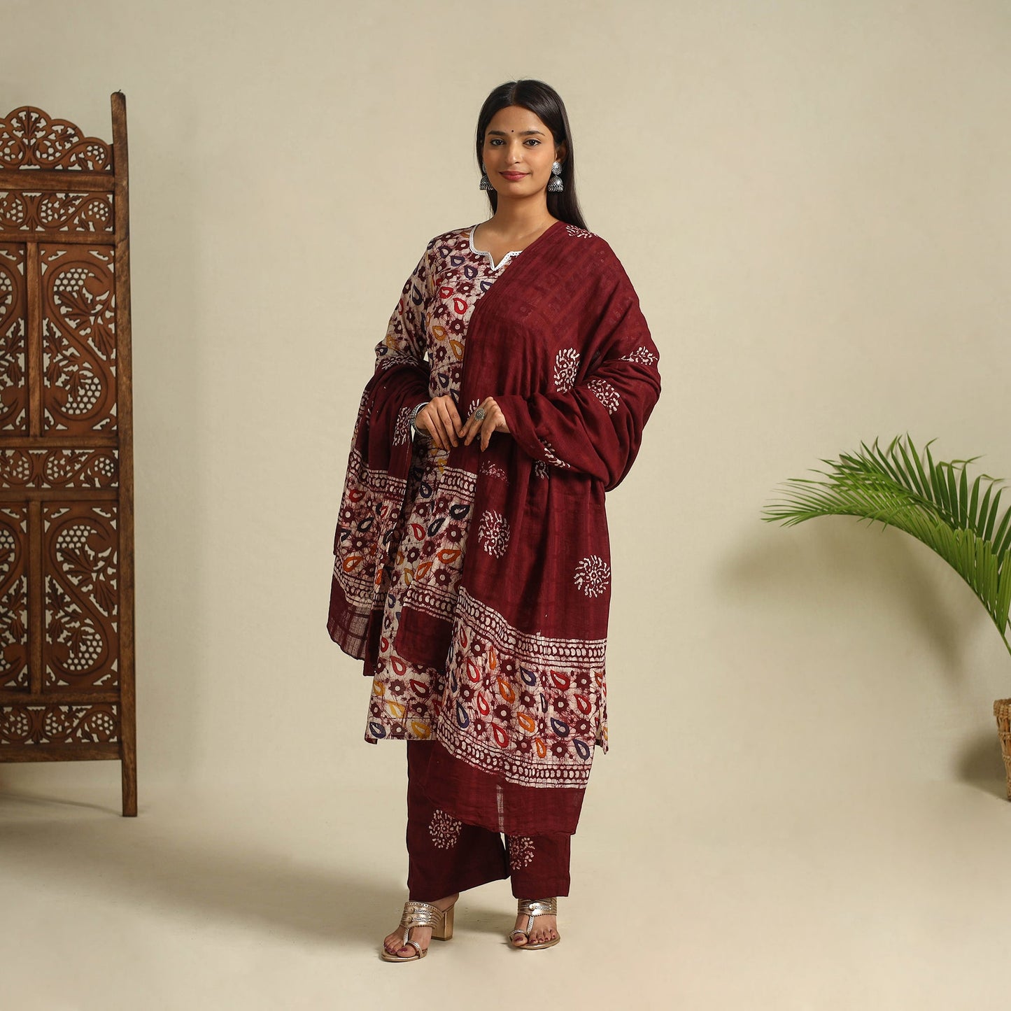  Brown Cotton Hand Batik Print Suit Set