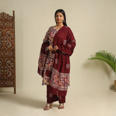  Brown Cotton Hand Batik Print Suit Set