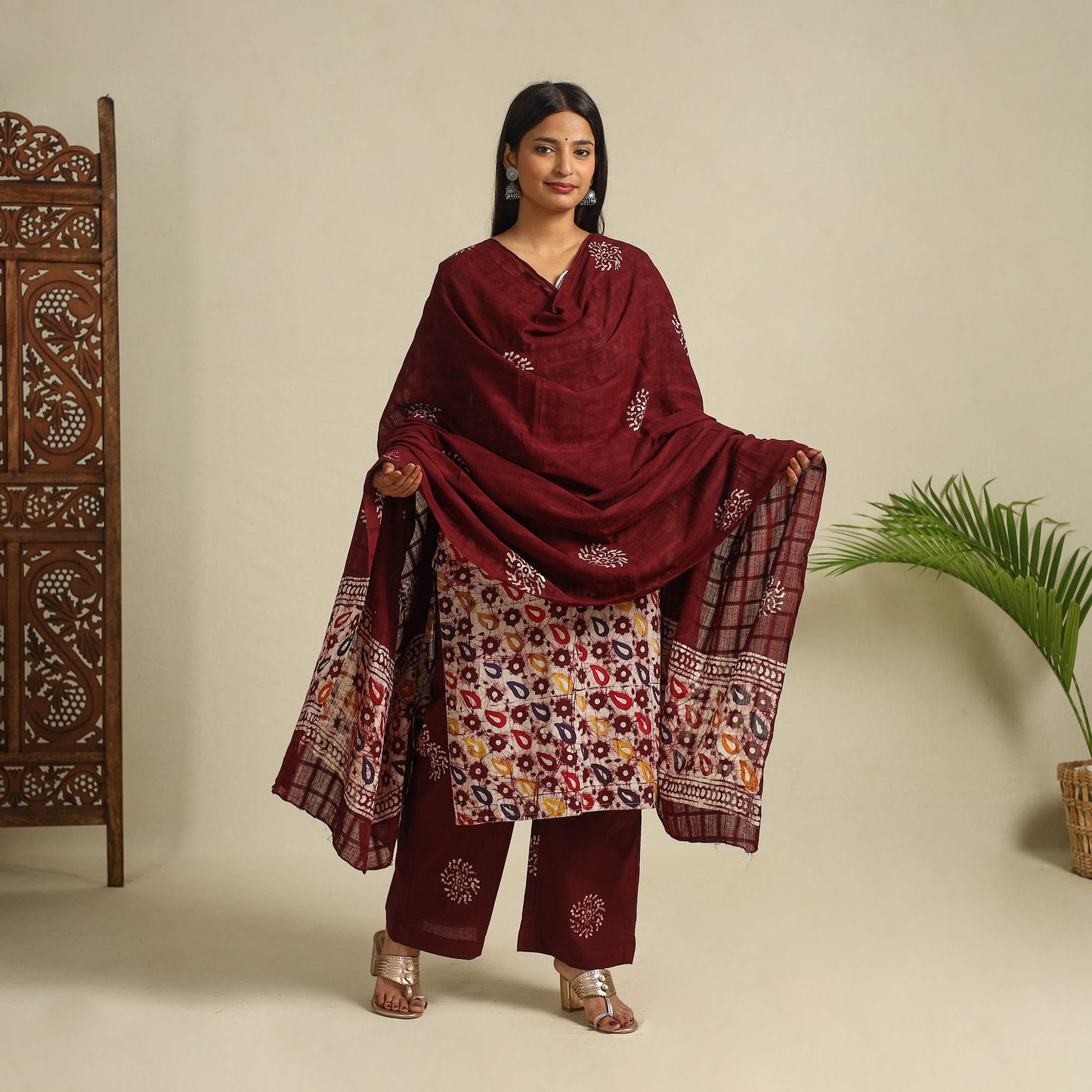  Brown Cotton Hand Batik Print Suit Set