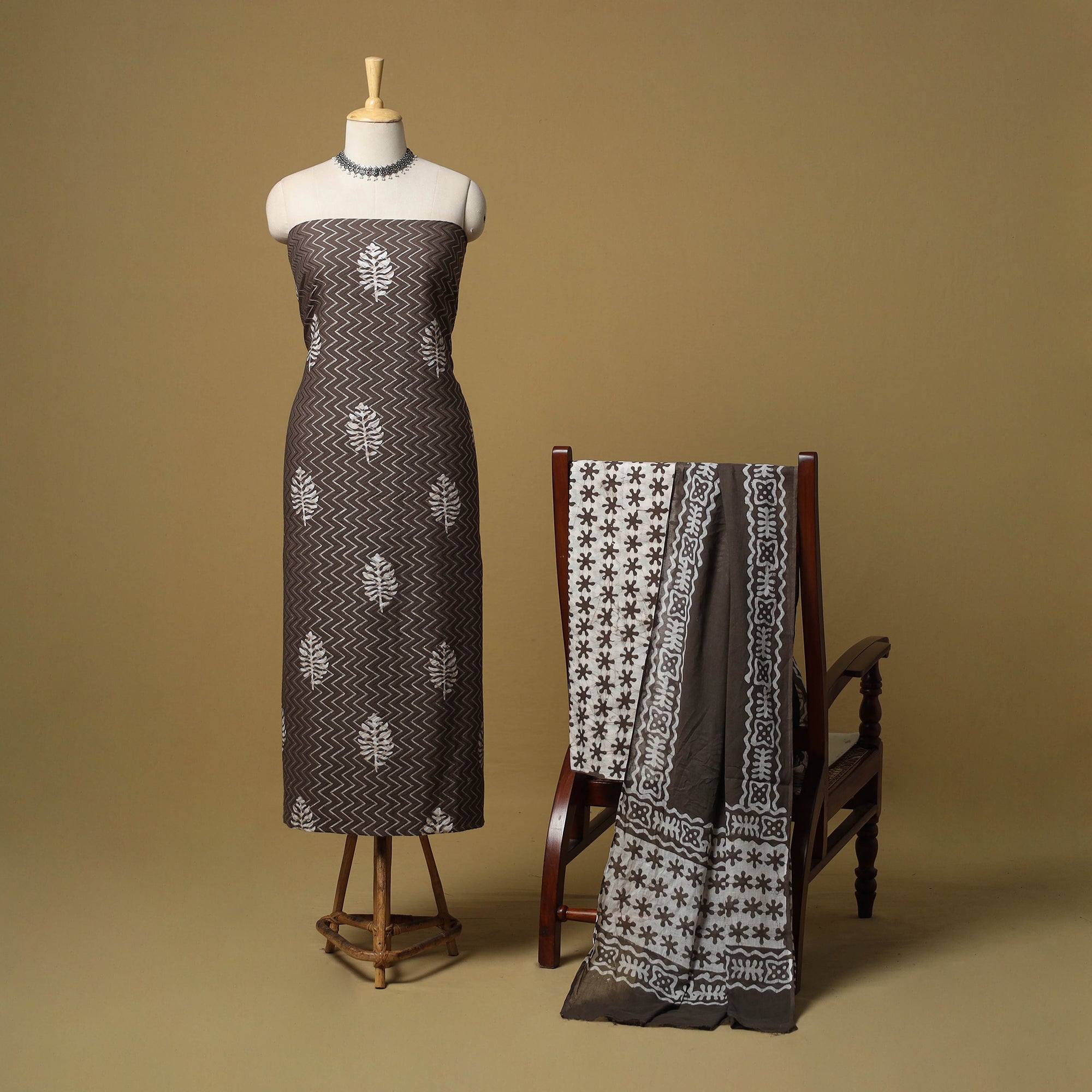 Brown Cotton Hand Block Batik Print 3pc Unstitched Dress Material Suit Sets
