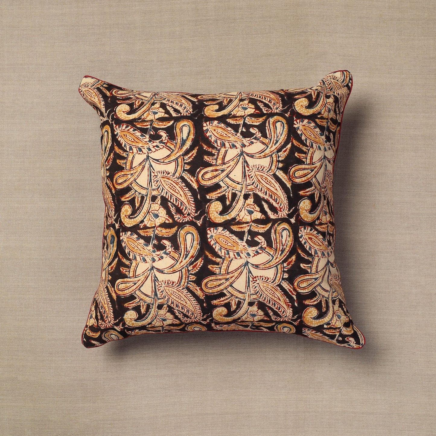 Brown - Block Print Cotton Kalamkari Cushion Cover (16 x 16 in) 17