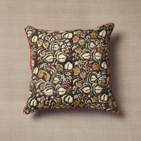 Brown - Block Print Cotton Kalamkari Cushion Cover (16 x 16 in)