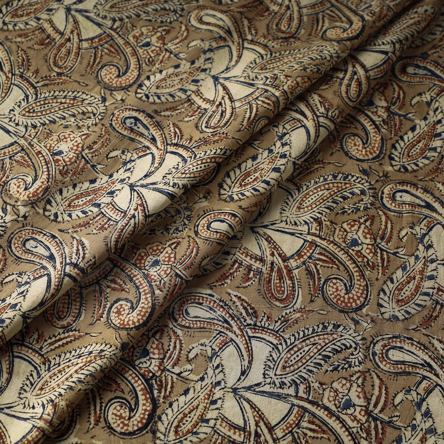 Brown Block Print Cotton Kalamkari Fabric