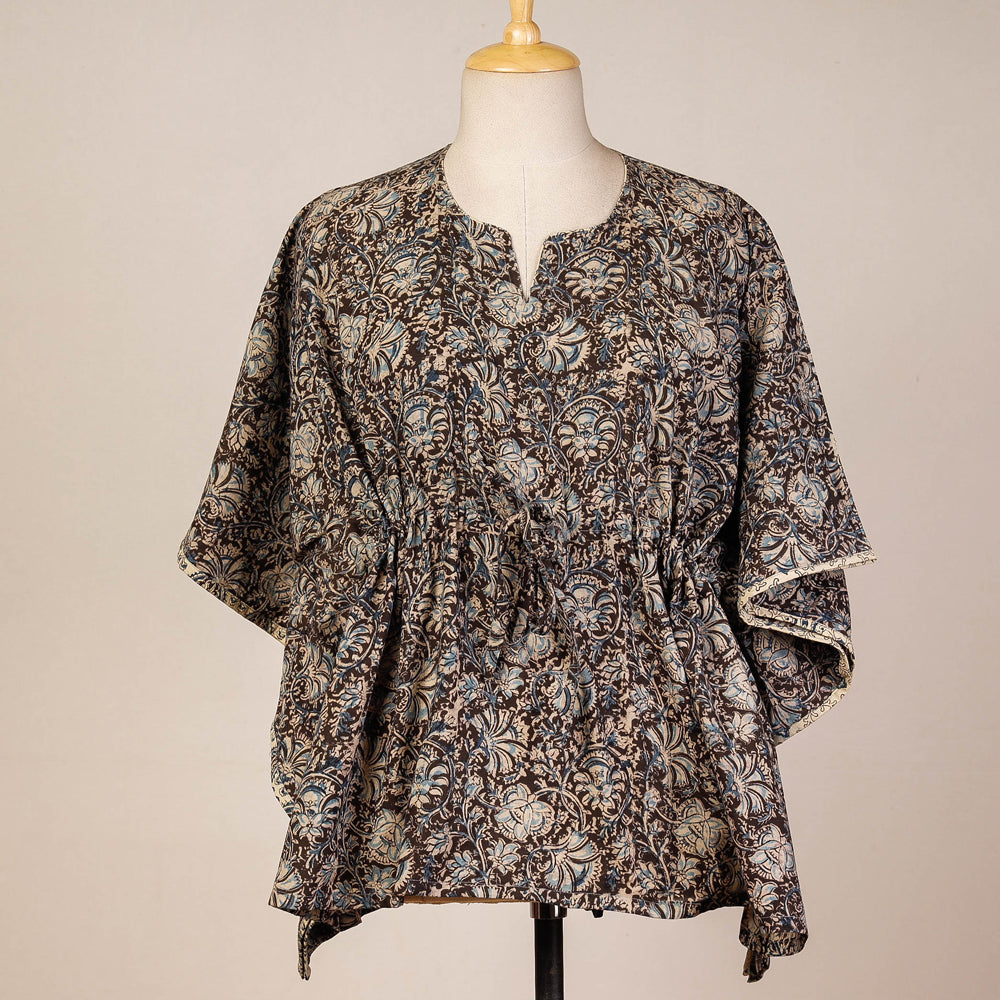 Brown Block Print Cotton Kalamkari Kaftan with Tie-Up Waist