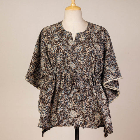 Brown Block Print Cotton Kalamkari Kaftan with Tie-Up Waist