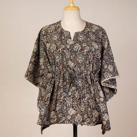 Brown Block Print Cotton Kalamkari Kaftan with Tie-Up Waist