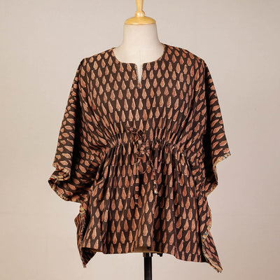 Brown Block Print Cotton Kalamkari Kaftan with Tie-Up Waist