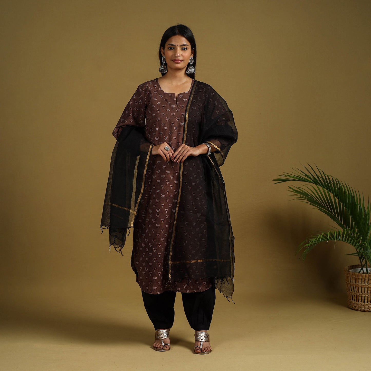  Brown Block Print Cotton Ajrakh Kurta Set with Dupatta