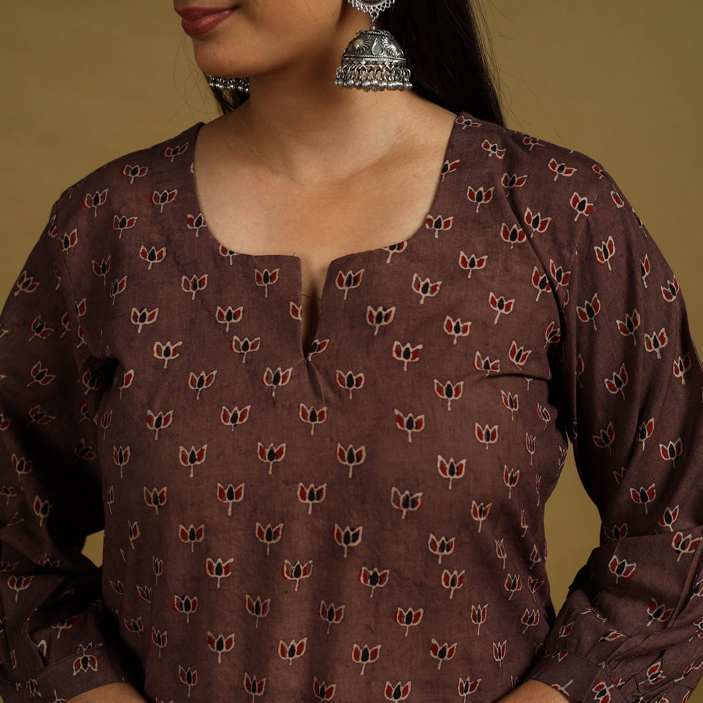  Brown Block Print Cotton Ajrakh Kurta Set with Dupatta
