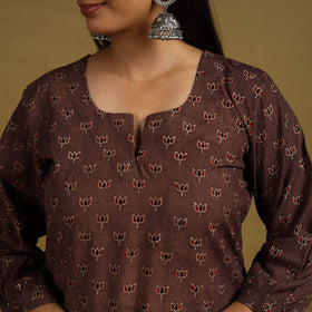  Brown Block Print Cotton Ajrakh Kurta Set with Dupatta