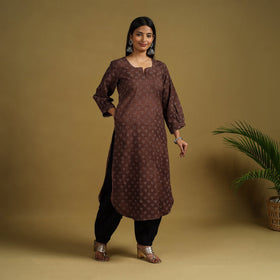  Brown Block Print Cotton Ajrakh Kurta Set with Dupatta