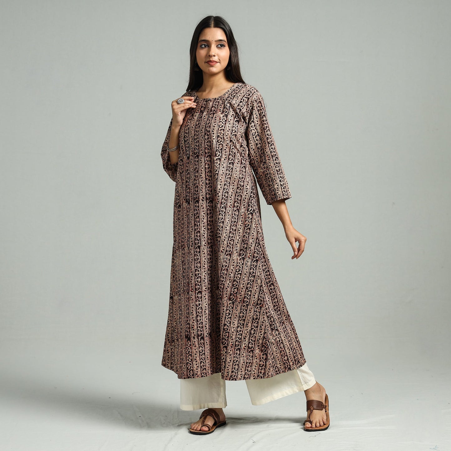 Brown Block Print Cotton A-Line Kalamkari Kurta
