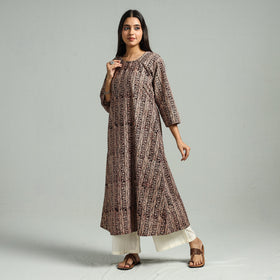 Brown Block Print Cotton A-Line Kalamkari Kurta