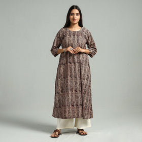 Brown Block Print Cotton A-Line Kalamkari Kurta