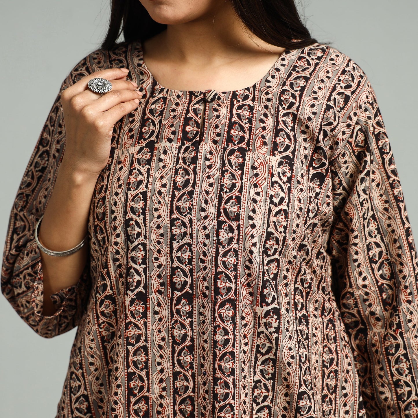 Brown Block Print Cotton A-Line Kalamkari Kurta