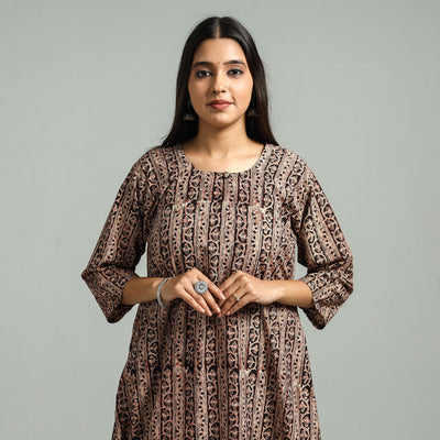 Brown Block Print Cotton A-Line Kalamkari Kurta