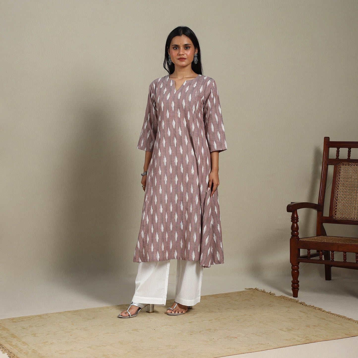 Brown - cotton a-line pochampally ikat kurta 14
