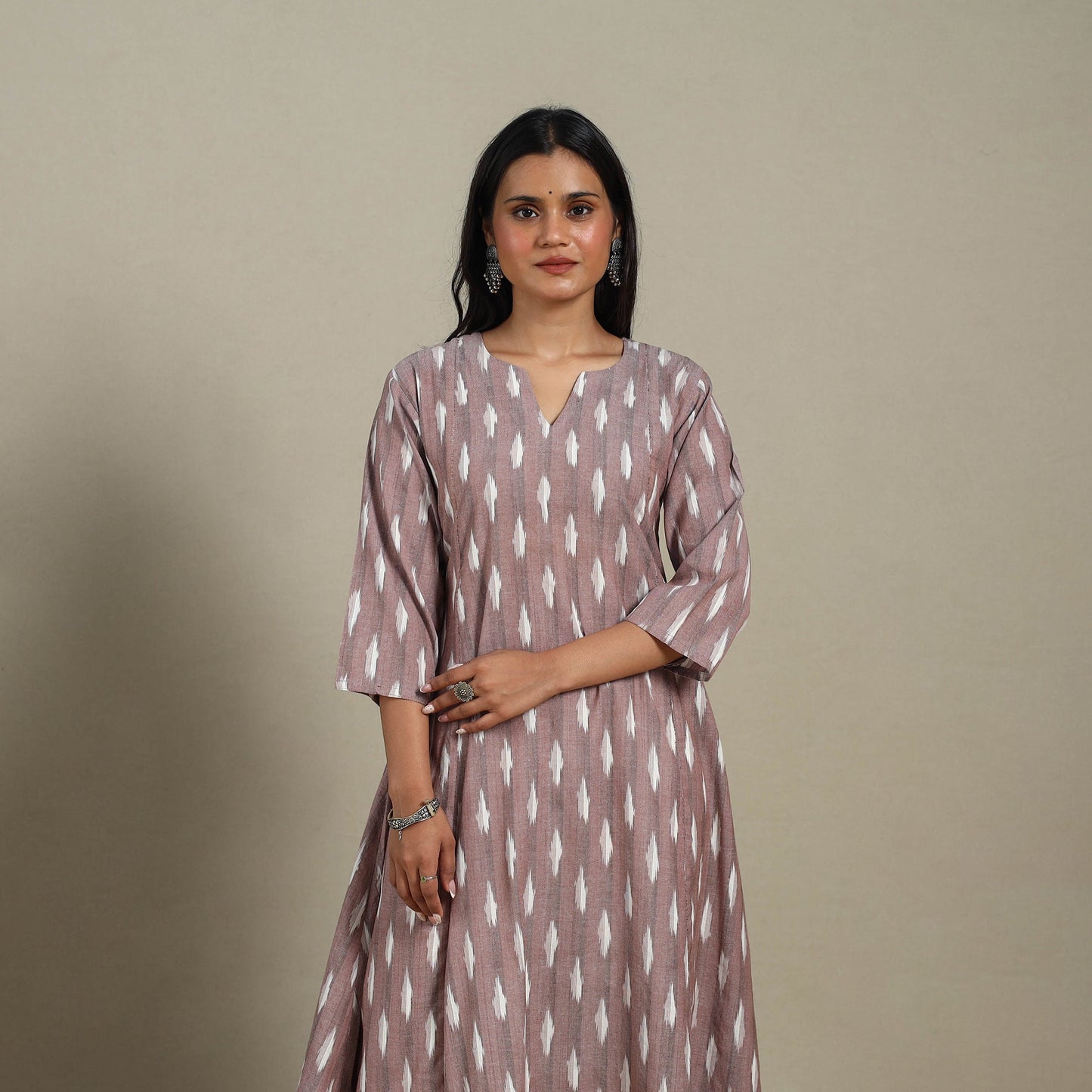Brown - cotton a-line pochampally ikat kurta 14