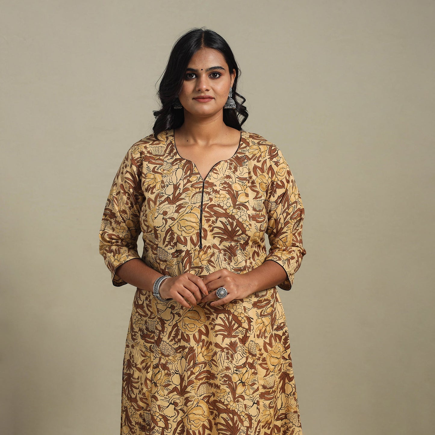 Brown Block Print Cotton A-Line Sanganeri Kurta