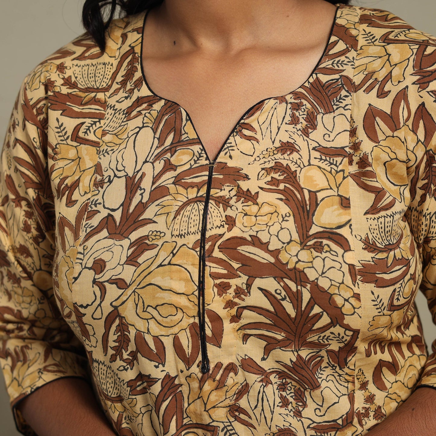 Brown Block Print Cotton A-Line Sanganeri Kurta