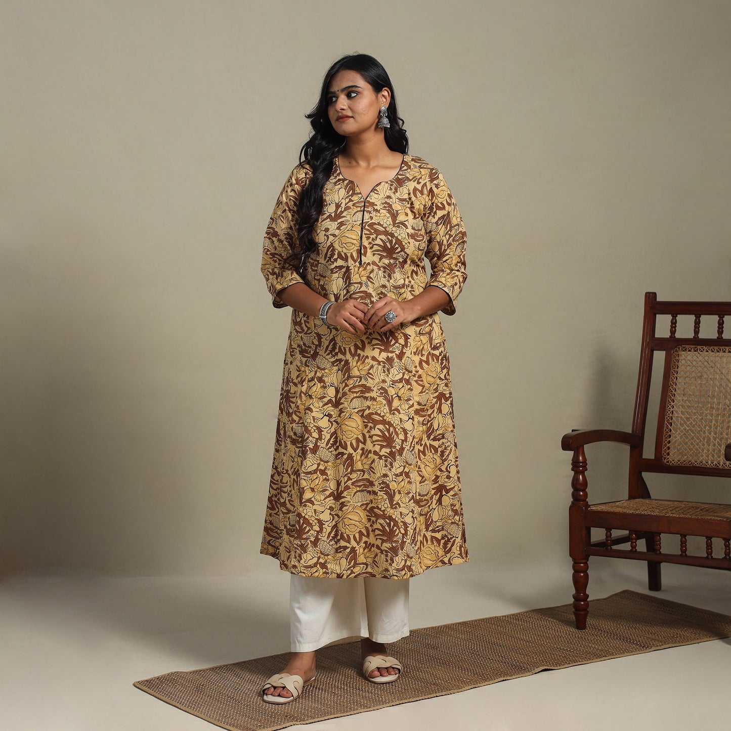 Brown Block Print Cotton A-Line Sanganeri Kurta