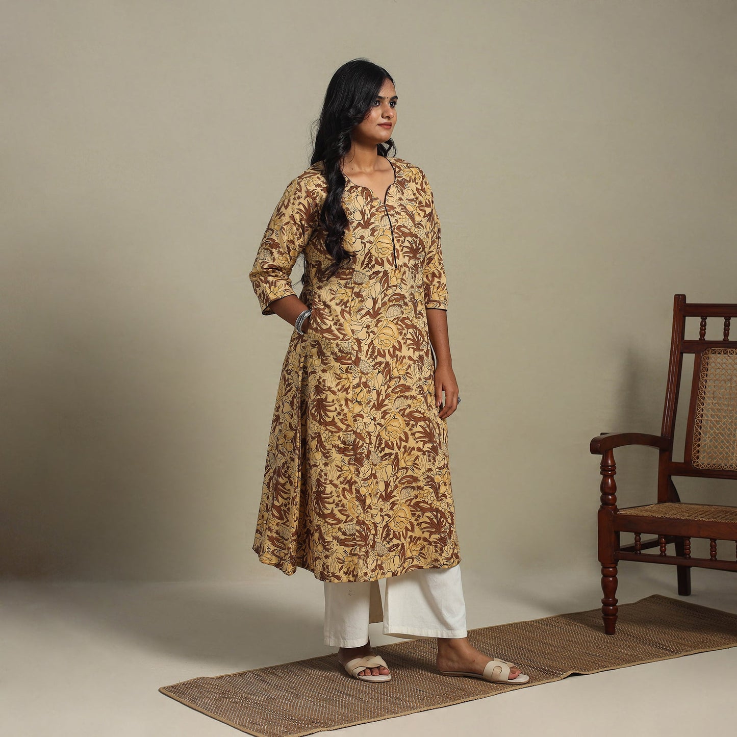 Brown Block Print Cotton A-Line Sanganeri Kurta