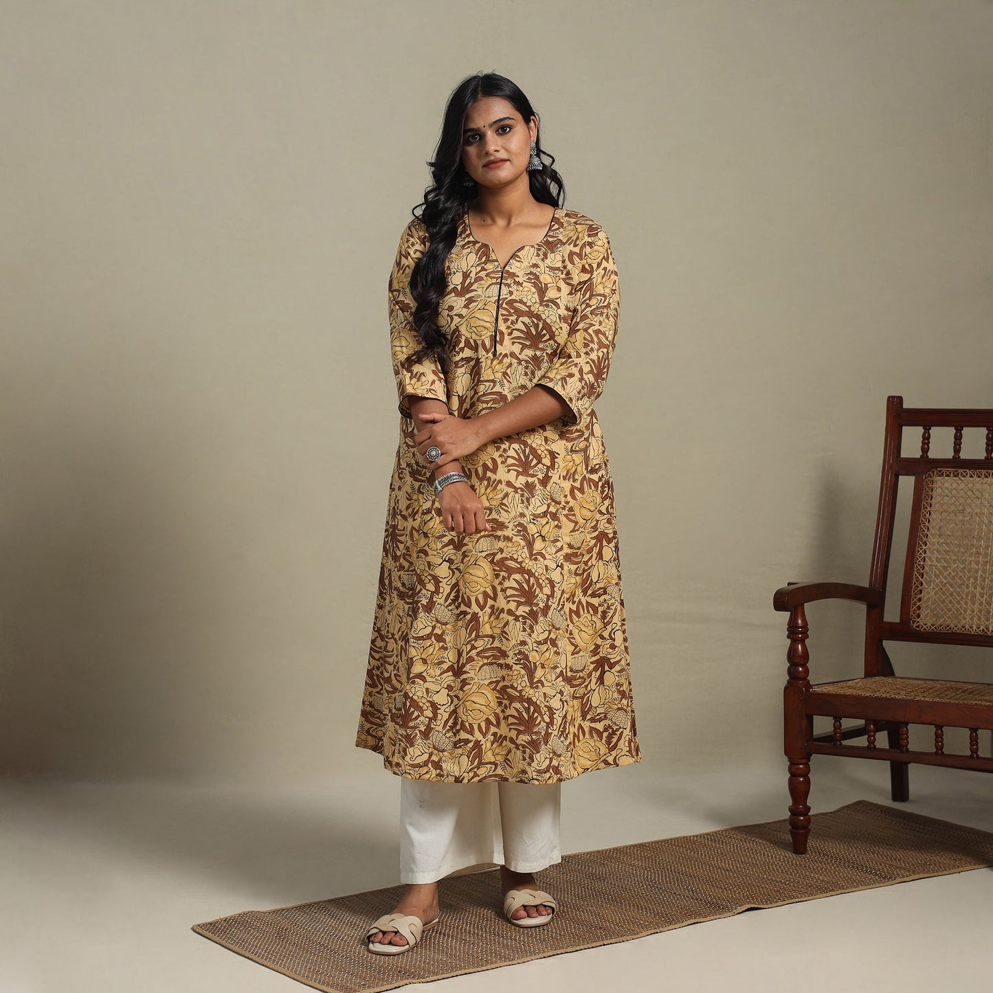 Brown Block Print Cotton A-Line Sanganeri Kurta