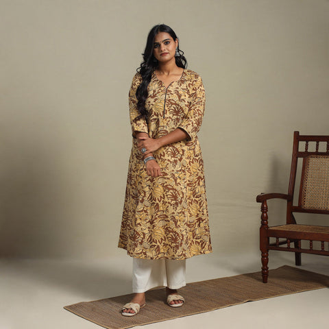 Brown Block Print Cotton A-Line Sanganeri Kurta