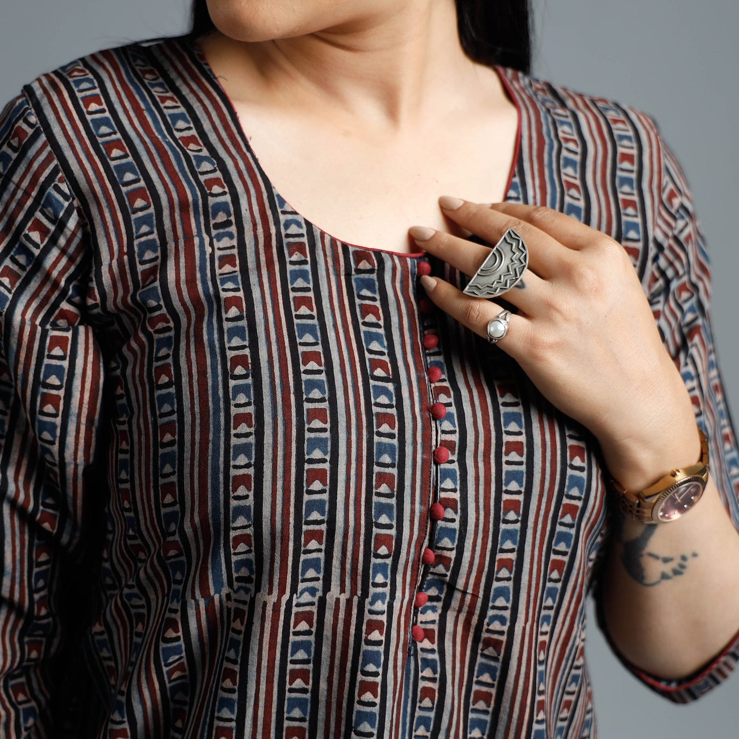  Ajrakh Block Printed Cotton Long Kurta for Women